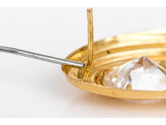 18k Yellow Gold Vintage Large Oval Cz Set Stepped Earrings