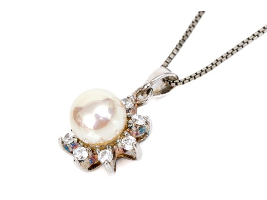 Sterling Silver Classic Faux Pearl And Cz Halo Pendant, With A Box Link Chain
