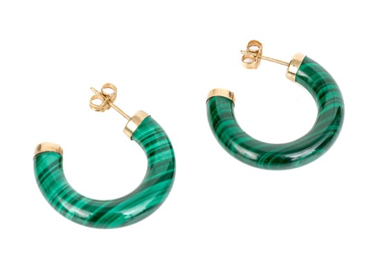 14k Yellow Gold Striking Gold Capped Malachite Round Hoop Earrings