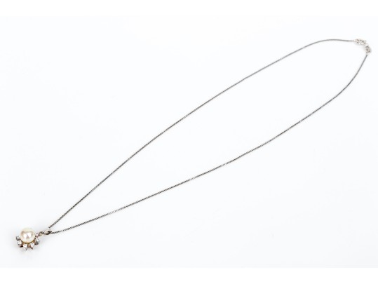 Sterling Silver Classic Faux Pearl And Cz Halo Pendant, With A Box Link Chain