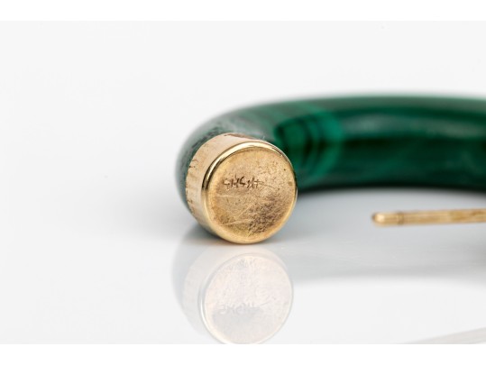 14k Yellow Gold Striking Gold Capped Malachite Round Hoop Earrings