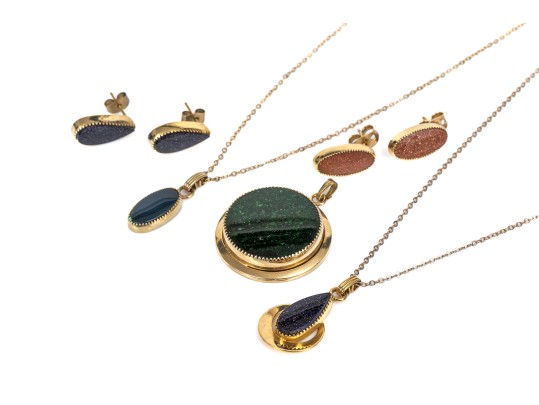 Fun Collection Of Multi Color Goldstone Glass And Black Onyx Gold Filled Jewelry Pieces