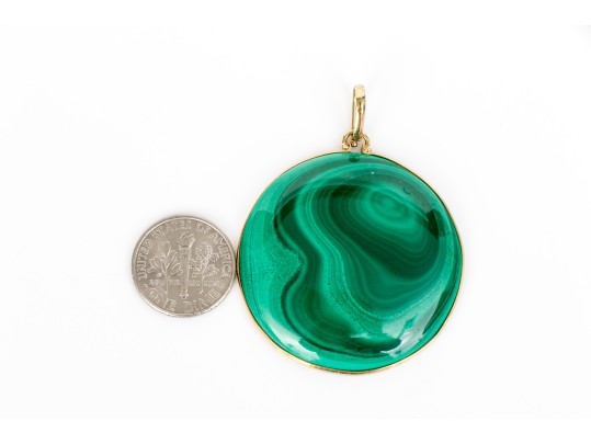14k Yellow Gold Striking Large Round Green Malachite Pendant, Bezel Set