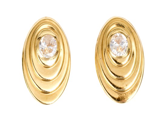 18k Yellow Gold Vintage Large Oval Cz Set Stepped Earrings