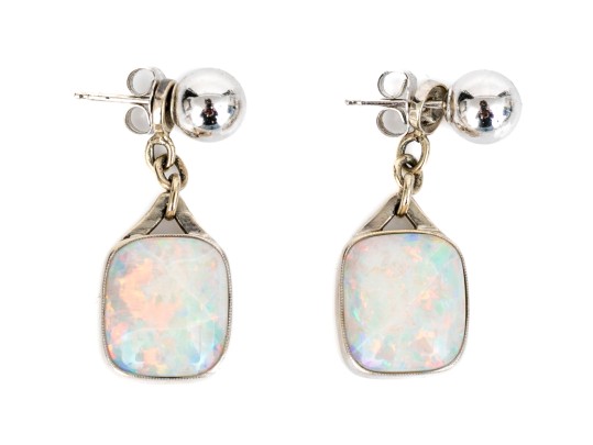 14k White Gold Simple 6.75 Mm Ball Earrings With Beautiful White Opal Double Earrings Jackets