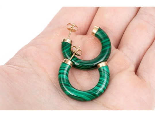 14k Yellow Gold Striking Gold Capped Malachite Round Hoop Earrings