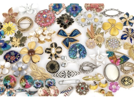 Collection Of Assorted Colorful Vintage Brooches And Brooch And Earrings Sets