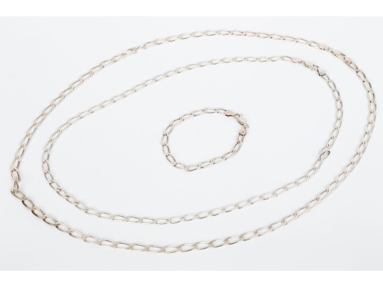 Collection Of Matching Sterling Silver Oval Link Necklaces, And Bracelet