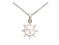 Sterling Silver Classic Faux Pearl And Cz Halo Pendant, With A Box Link Chain