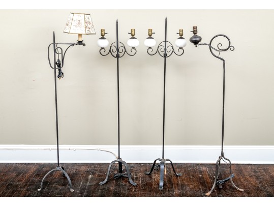 Four Antique American Colonial Style Iron Pole Floor Lamps
