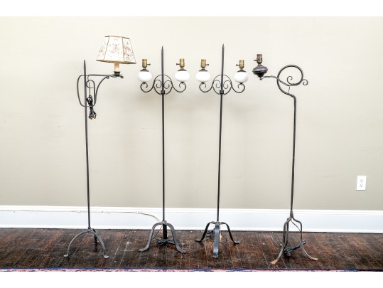 Four Antique American Colonial Style Iron Pole Floor Lamps