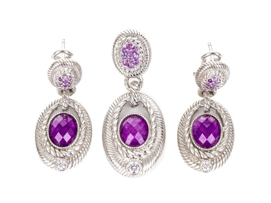 Judith Ripka Sterling Silver Funky Purple Cz Pendant Earrings And Matching Enhancer Set