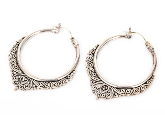 Collection Of Assorted Sterling Silver Balinese Motif Hoop Earrings