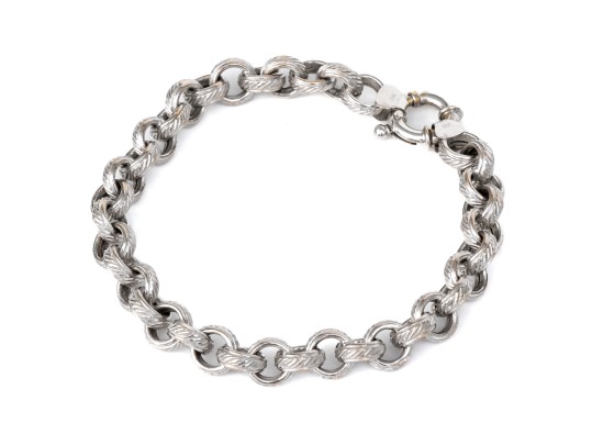 14k White Gold Handsome Chunky Rolo Link Bracelet, Ribbed Finish