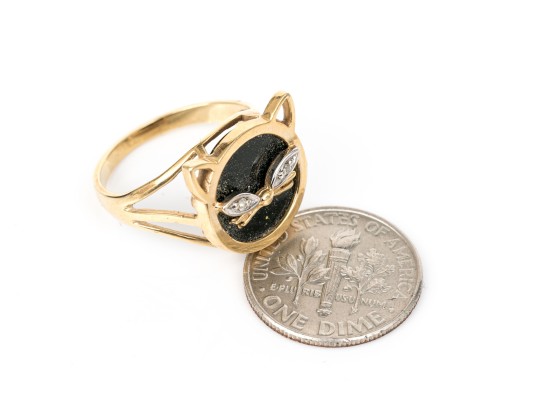 14k Yellow Gold Fabulous Vintage Black Onyx Cat Motif Ring, Size 6