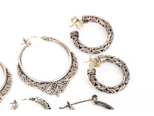 Collection Of Assorted Sterling Silver Balinese Motif Hoop Earrings