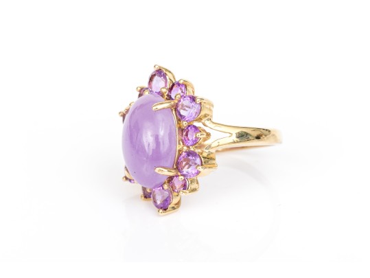 14k Yellow Gold Purple Aventurine And Amethyst Halo Cocktail Ring, Size 6