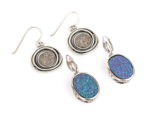Collection Of Assorted Sterling Silver Fun Druzy Pendant Earrings