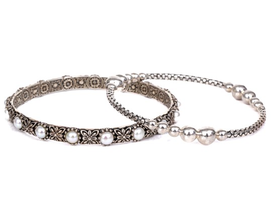 Michael Dawkins And Konstantino Sterling Silver Pair Of Balinese Patterning Slip On Bangle Bracelets