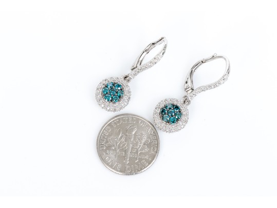 Sterling Silver Stunning Blue Moissanite And Pave Diamond Style Drop Earrings, App. 0.12 TCW.