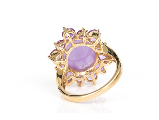 14k Yellow Gold Purple Aventurine And Amethyst Halo Cocktail Ring, Size 6