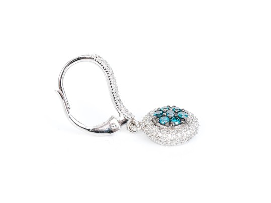 Sterling Silver Stunning Blue Moissanite And Pave Diamond Style Drop Earrings, App. 0.12 TCW.
