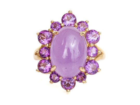 14k Yellow Gold Purple Aventurine And Amethyst Halo Cocktail Ring, Size 6
