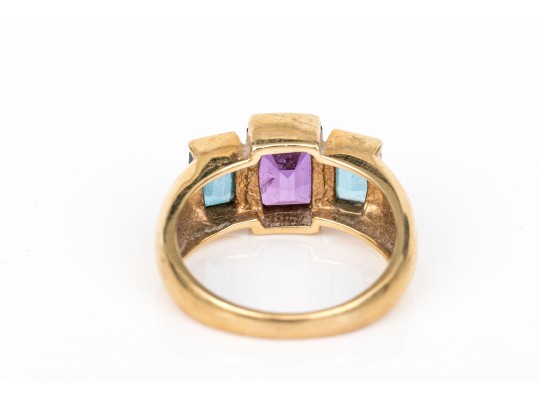14k Yellow Gold Striking Blue Topaz And Amethyst Three Stone Ring, Size 6