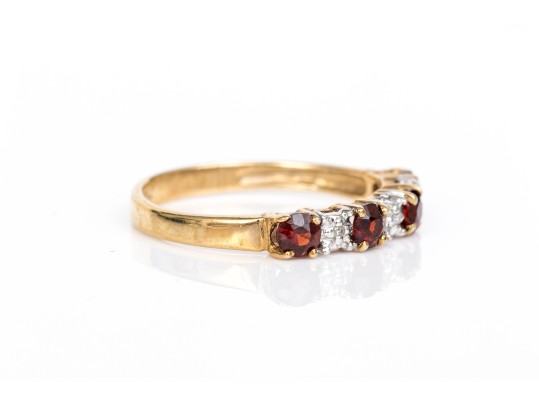 10k Yellow Gold Burgundy Glass And White Sapphire 7 Stone Ring, Size 5.75+