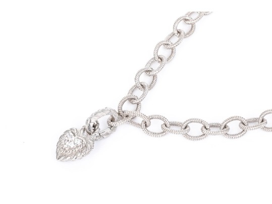 Judith Ripka Sterling Silver Elegant Oval Ribbed Link Necklace With Cz Pave Heart Enhancer