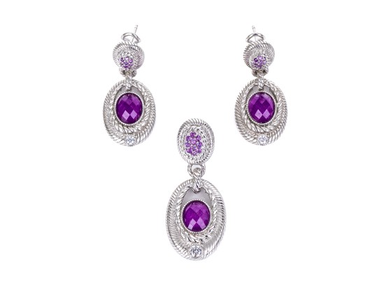 Judith Ripka Sterling Silver Funky Purple Cz Pendant Earrings And Matching Enhancer Set