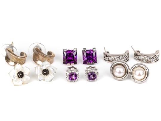 Six Pairs Of Sterling SIlver Earrings, Amethyst, Mother Of Pearl, Pearl