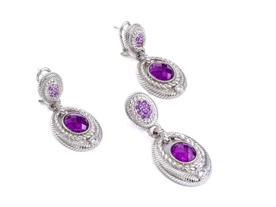 Judith Ripka Sterling Silver Funky Purple Cz Pendant Earrings And Matching Enhancer Set