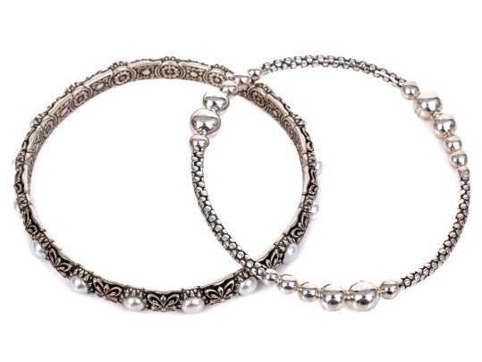 Michael Dawkins And Konstantino Sterling Silver Pair Of Balinese Patterning Slip On Bangle Bracelets