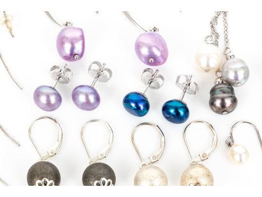 Collection Of Assorted Sterling Silver Cultured Freshwater Pearl And Ball Style Earrings