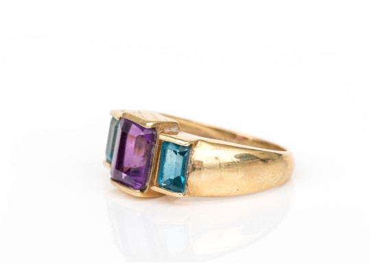14k Yellow Gold Striking Blue Topaz And Amethyst Three Stone Ring, Size 6
