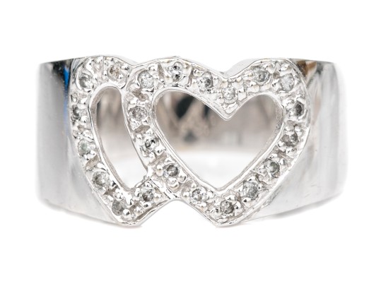 14k White Gold Fun Wide Double Diamond Set Open Heart Ring, App. 0.07 TCW, Size 6.5