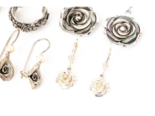 Collection Of Sterling Silver Flower Motif Pendant Style And Hoop Earrings