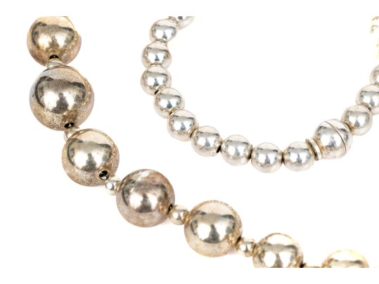 Sterling Silver Graduated Beaded Necklace And Bracelet