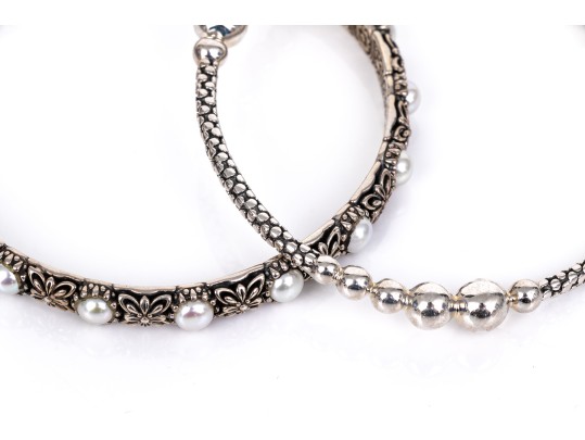 Michael Dawkins And Konstantino Sterling Silver Pair Of Balinese Patterning Slip On Bangle Bracelets