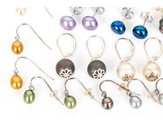 Collection Of Assorted Sterling Silver Cultured Freshwater Pearl And Ball Style Earrings