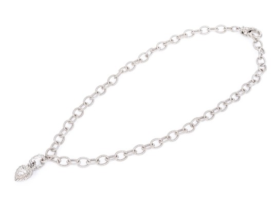 Judith Ripka Sterling Silver Elegant Oval Ribbed Link Necklace With Cz Pave Heart Enhancer