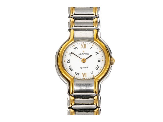 Movado Small Quartz Two Tone 26mm Watch, White Dial Black Roman, Bracelet