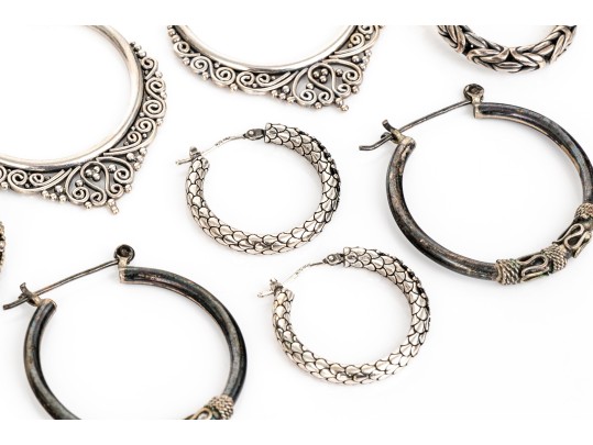 Collection Of Assorted Sterling Silver Balinese Motif Hoop Earrings
