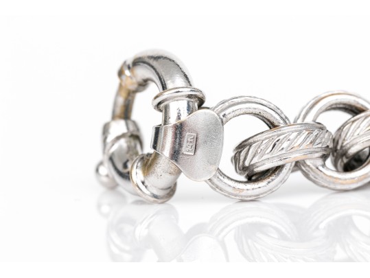 14k White Gold Handsome Chunky Rolo Link Bracelet, Ribbed Finish