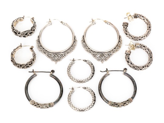 Collection Of Assorted Sterling Silver Balinese Motif Hoop Earrings
