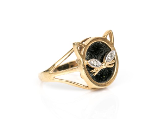 14k Yellow Gold Fabulous Vintage Black Onyx Cat Motif Ring, Size 6