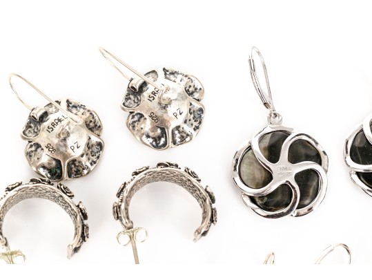 Collection Of Sterling Silver Flower Motif Pendant Style And Hoop Earrings