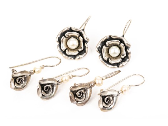 Collection Of Sterling Silver Flower Motif Pendant Style And Hoop Earrings