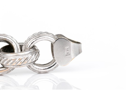 14k White Gold Handsome Chunky Rolo Link Bracelet, Ribbed Finish